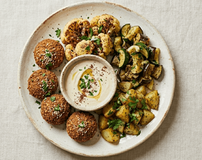 Maqali, Fried cauliflower, eggplant, zucchini, crispy falafel, and spicy diced potatoes, & creamy tarator.